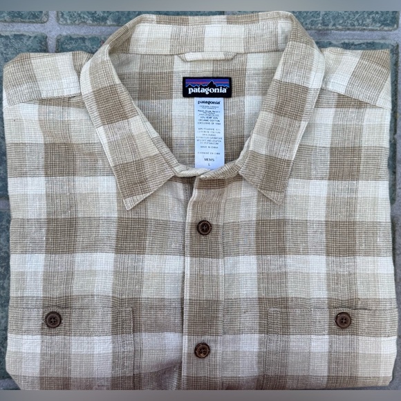 Patagonia Men’s Hemp Cotton Plaid Shirt L Short Sleeve Button-Down Tan - Picture 2 of 10
